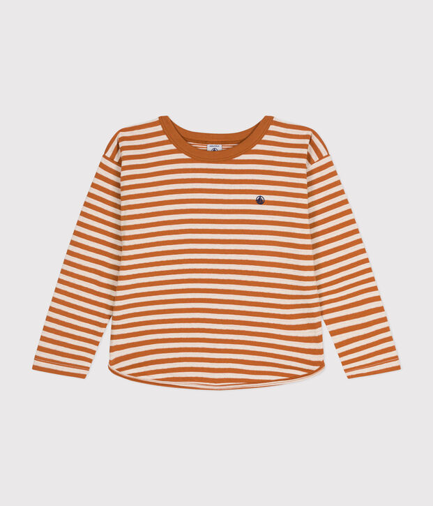 Camiseta infantil de manga larga a rayas de tejido t&uacute;bico marron/crudo