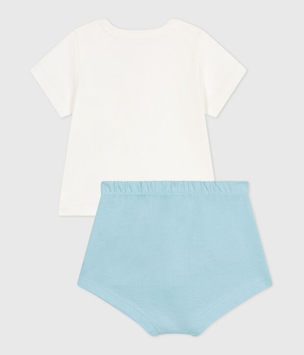 Conjunto de dos piezas de algod&oacute;n con parte inferior lisa para reci&eacute;n nacido azul/azul