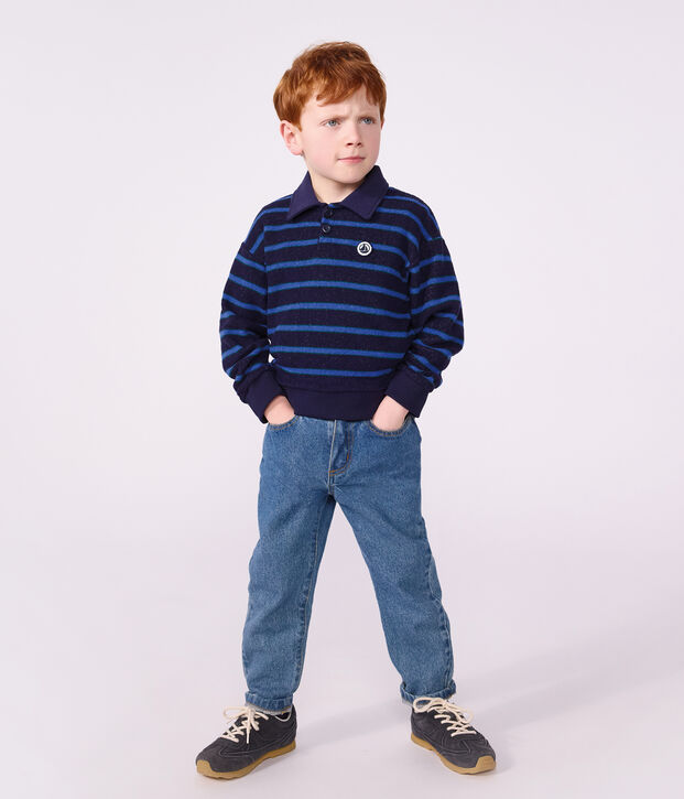 Sudadera infantil con cuello de polo de algod&oacute;n a rayas azul/verde/azul
