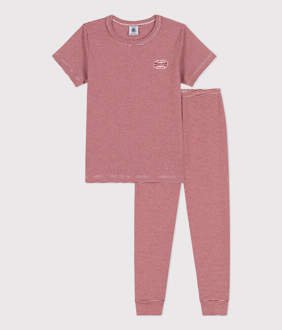 Pijama de algodón milrayas de manga corta para niño/niña STOP/ MARSHMALLOW