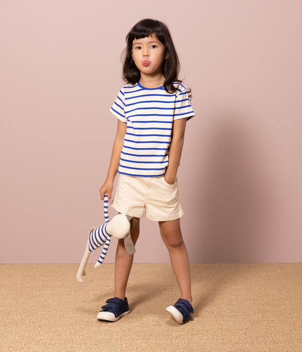 Camiseta de algod&oacute;n a rayas para ni&ntilde;a crudo/azul
