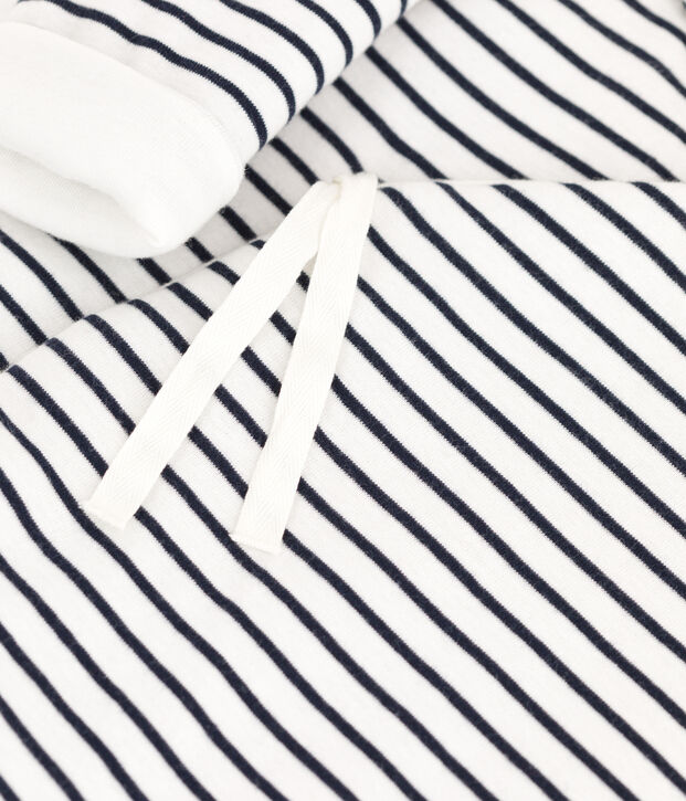 Mono largo de algod&oacute;n con capucha y rayas marineras para beb&eacute; blanco/azul