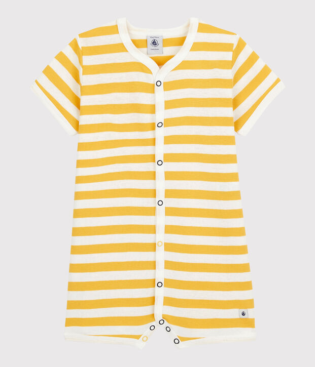 Pelele corto a rayas de beb&eacute; de algod&oacute;n amarillo/blanco