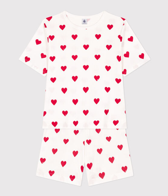 Pijama corto de algodón con corazón para mujer blanco MARSHMALLOW/rojo TERKUIT
