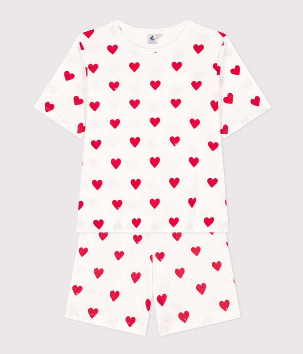 Pijama corto de algod&oacute;n con coraz&oacute;n para mujer blanco/rojo