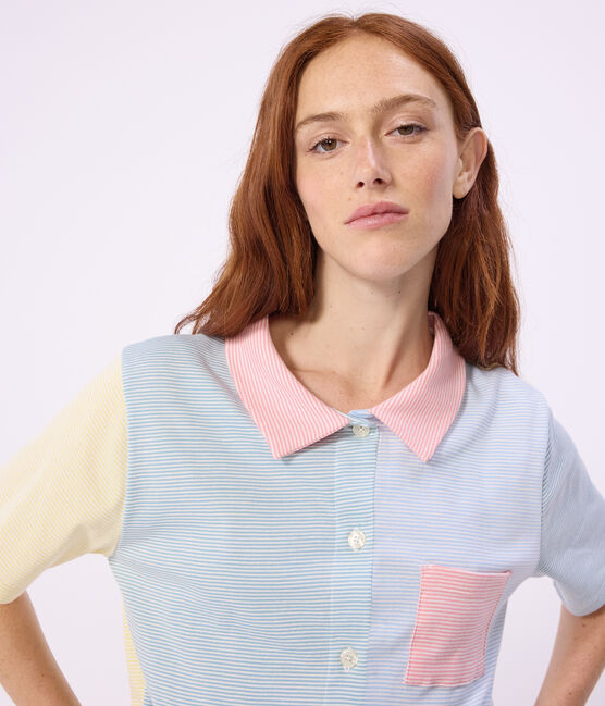 Pantalón corto de pijama de algodón a rayas con botones delanteros para mujer blanco MARSHMALLOW/blanco MULTICO