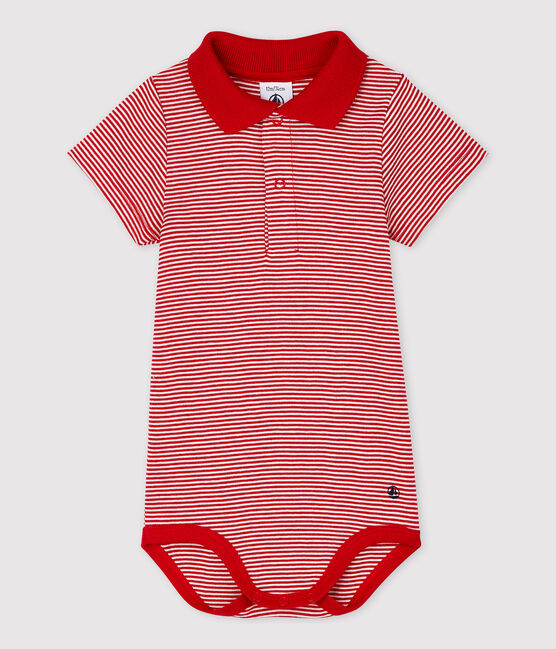 Body de cuello polo de algodón y manga corta de bebé niño rojo TERKUIT/blanco MARSHMALLOW