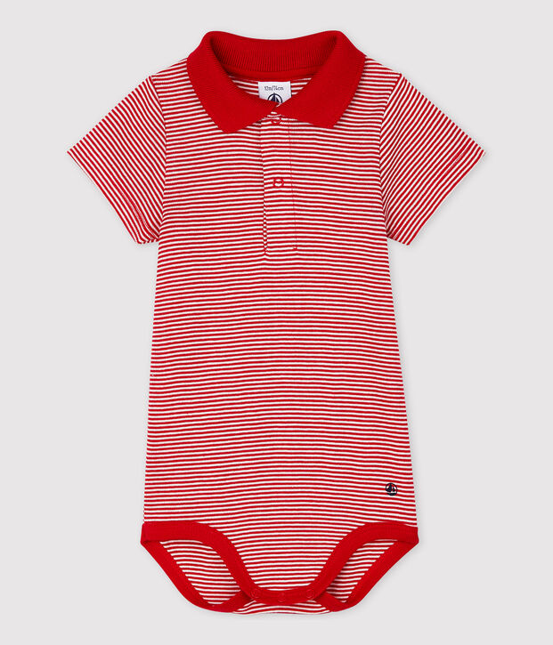 Body de cuello polo de algod&oacute;n y manga corta de beb&eacute; ni&ntilde;o rojo/blanco