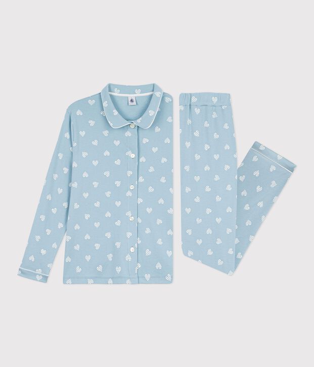 Pijama abotonado de algod&oacute;n estampado para mujer verde/blanco