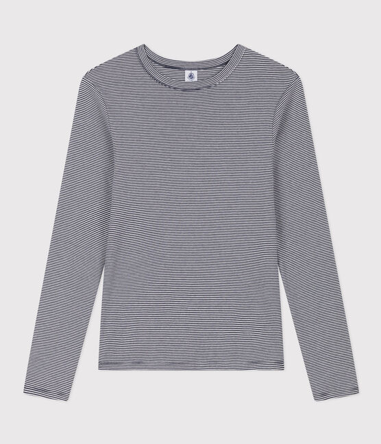 Camiseta L'ICONIQUE con cuello redondo de algodón orgánico de mujer azul SMOKING/blanco MARSHMALLOW
