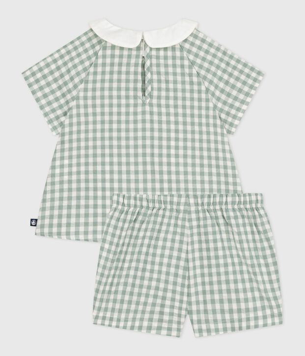 Conjunto de dos piezas de algod&oacute;n, con blusa y short vichy, para beb&eacute; verde/blanco
