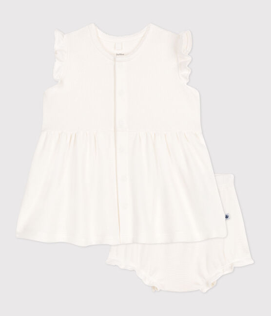 Vestido blanco de manga corta de nido de abeja y pololo para bebé blanco MARSHMALLOW