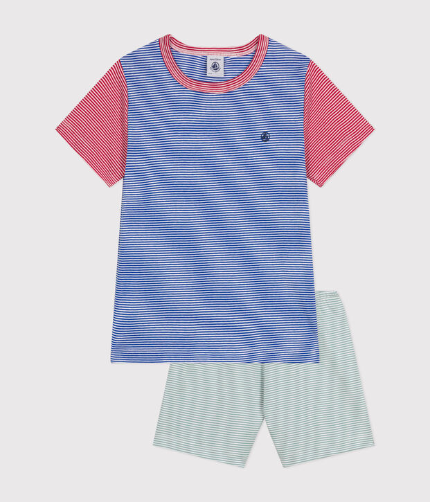 Pijama corto infantil de algod&oacute;n a rayas verde/multicolor