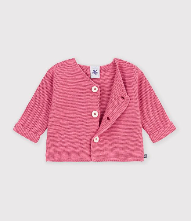 C&aacute;rdigan de beb&eacute; tejido en punto bobo en algod&oacute;n liso. rosa