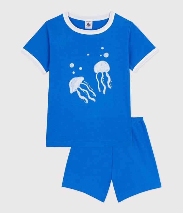 Pijama infantil corto de algod&oacute;n con estampado de medusa azul