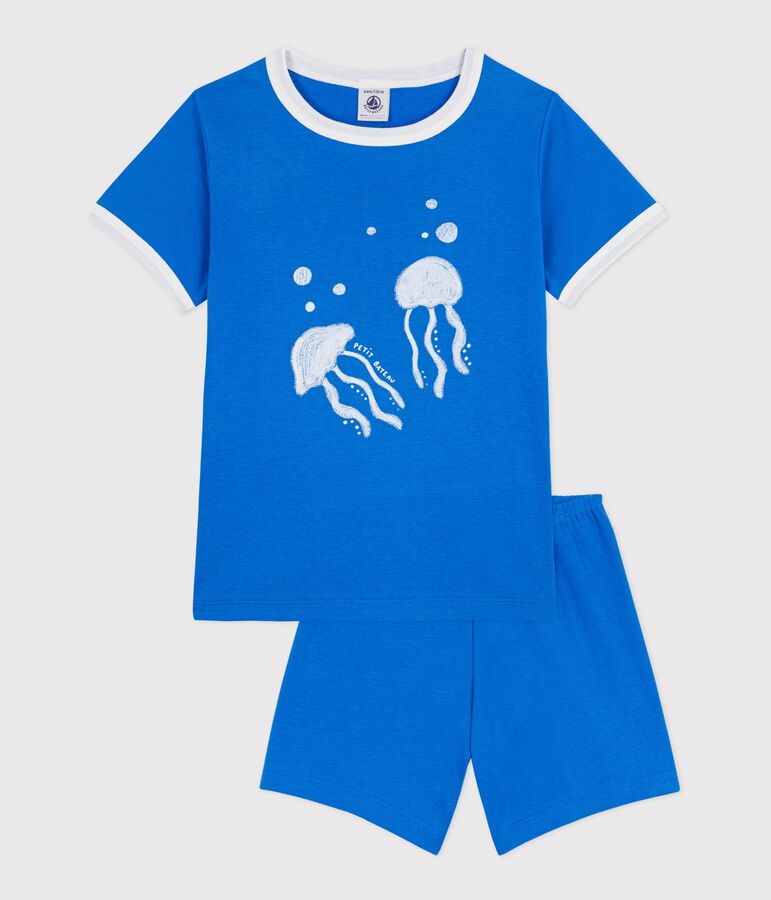Pijama infantil corto de algod&oacute;n con estampado de medusa azul