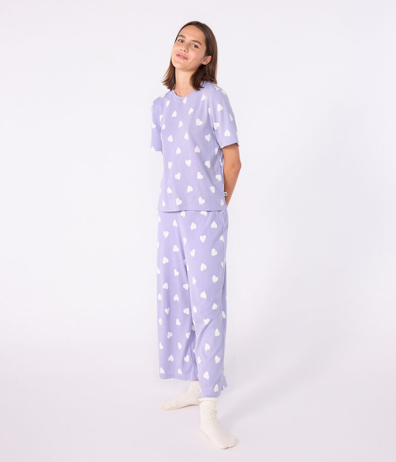 Pijama de mujer de algod&oacute;n con estampado de corazones, manga corta y perneras anchas violeta/blanco