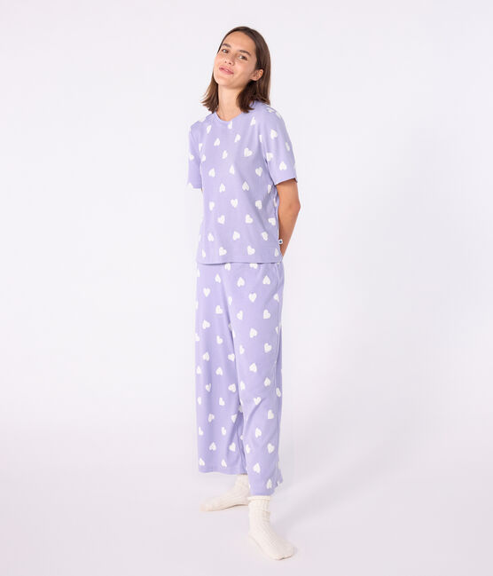 Pijama de mujer de algodón con estampado de corazones, manga corta y perneras anchas blanco SQUAW/ MARSHMALLOW