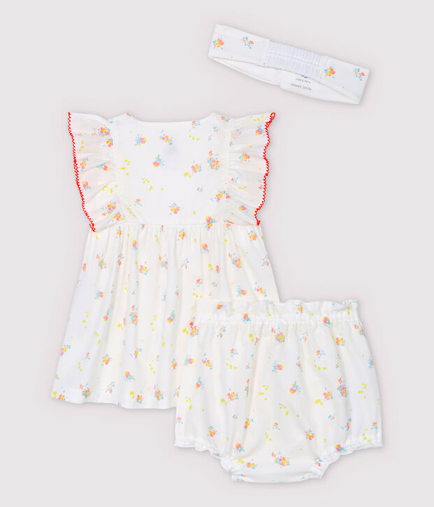 Vestido sin mangas con braguitas bloomer y diadema de beb&eacute; ni&ntilde;a en popelina de algod&oacute;n ecol&oacute;gico blanco/multicolor