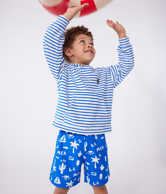 Sudadera infantil unisex de rizo de algodón a rayas con capucha azul MARSHMALLOW/ PORCELANA