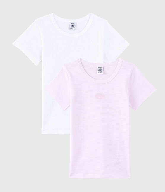 Lote de 2 camisetas de manga corta mil rayas rosa de algodón ecológico de niña variante 1