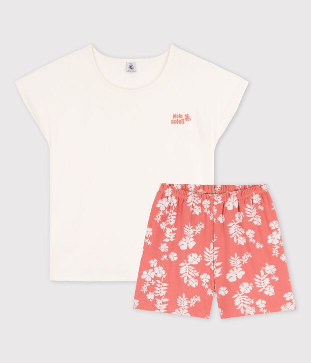 Pijama corto de algod&oacute;n para chica blanco/rosa