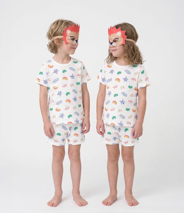 Pijama corto tipo disfraz infantil de algod&oacute;n con estampado de m&aacute;scaras blanco/multicolor