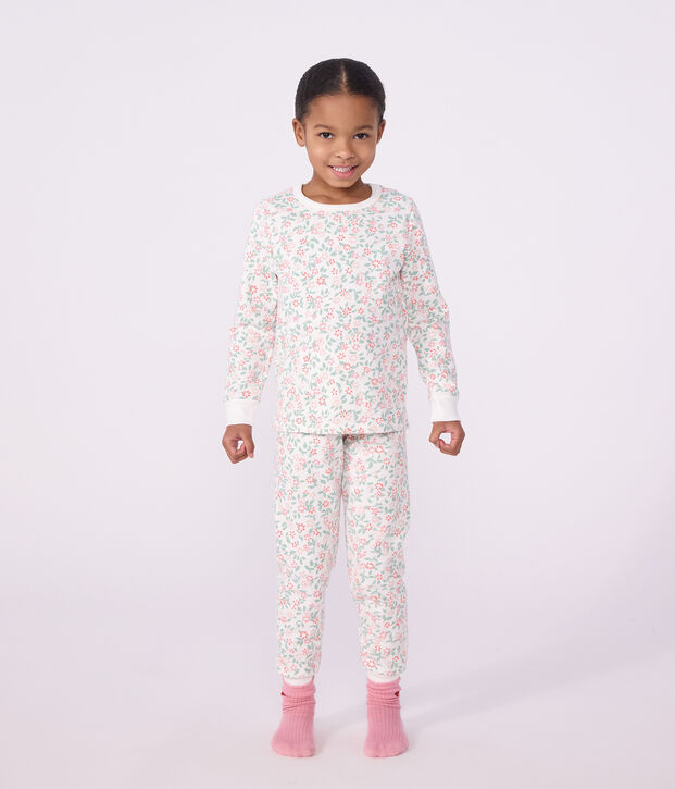 Pijama infantil de mulet&oacute;n con flores blanco/multicolor