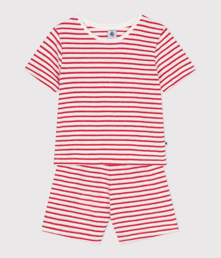 Pijama corto infantil de algod&oacute;n de rizo a rayas blanco/rojo