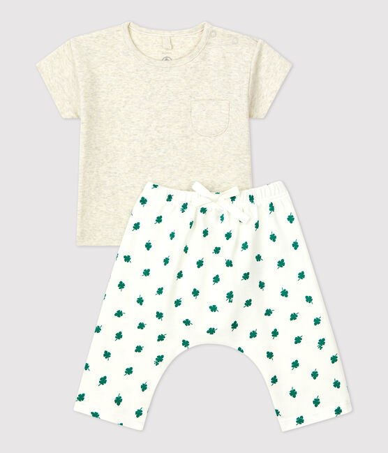 Conjunto de 2 piezas con estampado vegetal de muletón ecológico de bebé beige MONTELIMAR/blanco MULTICO