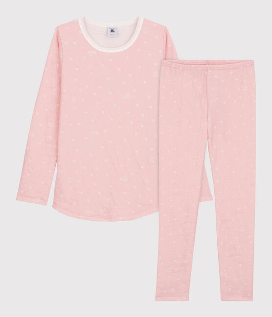 Pijama de Jacquard con copos de lana y algodón de niña rosa CHARME/blanco MARSHMALLOW