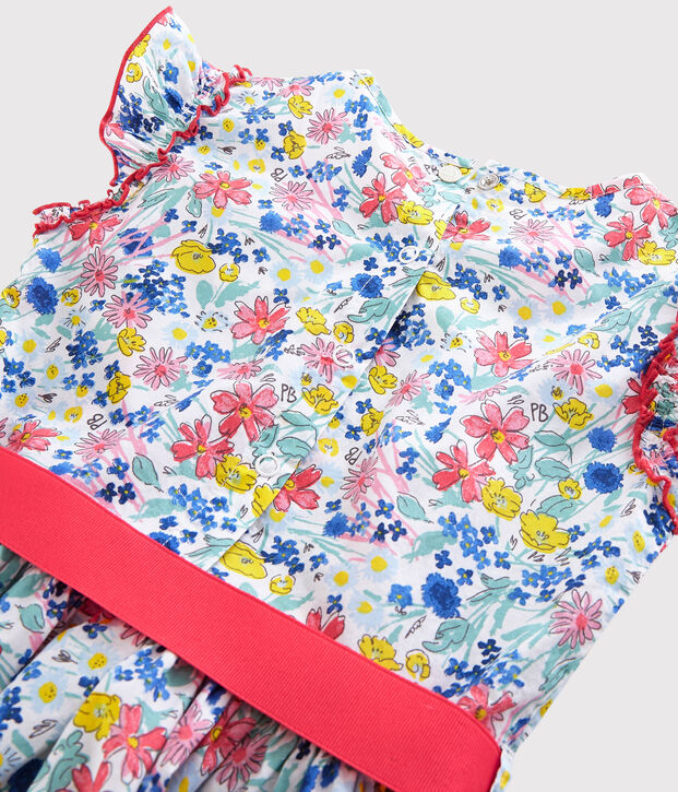 Vestido de manga corta de popelina de ni&ntilde;a blanco/multicolor