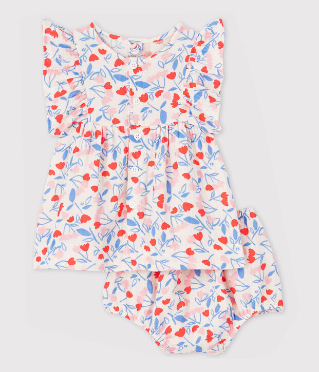 Vestido sin mangas de flores con braguitas bloomer de beb&eacute; ni&ntilde;a de tela de pa&ntilde;al de algod&oacute;n ecol&oacute;gico rosa/multicolor