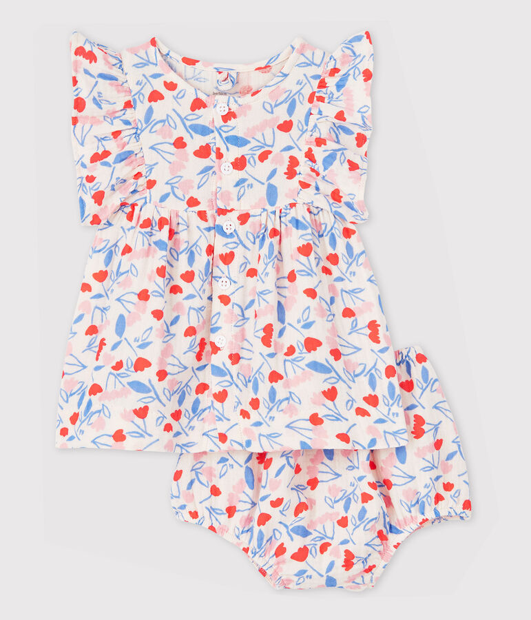 Vestido sin mangas de flores con braguitas bloomer de beb&eacute; ni&ntilde;a de tela de pa&ntilde;al de algod&oacute;n ecol&oacute;gico rosa FLEUR/blanco MULTICO