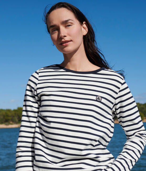Marinera de algodón de manga larga para mujer blanco MARSHMALLOW/azul SMOKING