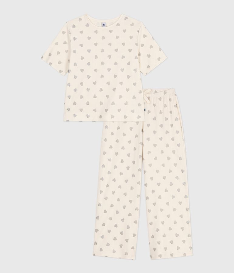 Pijama de mujer de algod&oacute;n con estampado de corazones, manga corta y perneras anchas crudo/gris