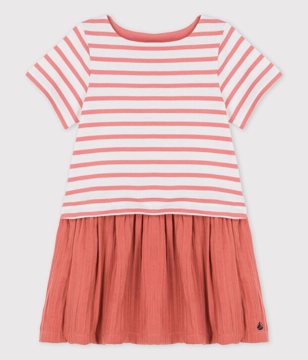 Vestido de jersey y gasa de algod&oacute;n org&aacute;nico de ni&ntilde;a blanco/rosa