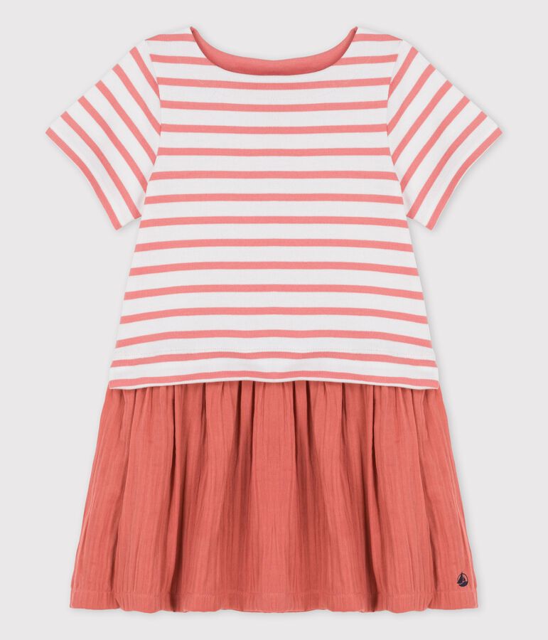 Vestido de jersey y gasa de algod&oacute;n org&aacute;nico de ni&ntilde;a blanco/rosa