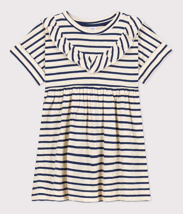 Vestido a rayas de manga corta de algod&oacute;n de ni&ntilde;a crudo/azul