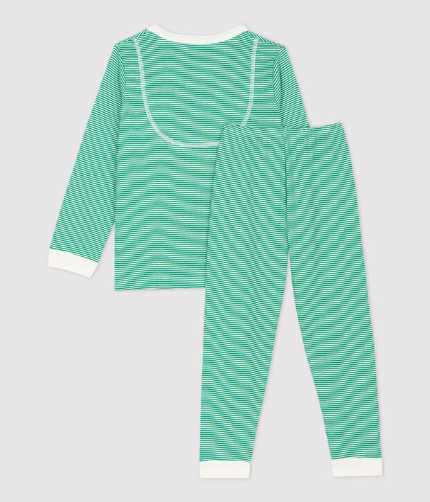 Pijama milrayas verde de ni&ntilde;a/ni&ntilde;o de algod&oacute;n org&aacute;nico verde/blanco