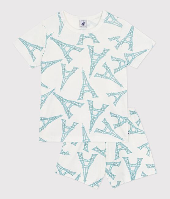 Pijama infantil corto de algodón con estampado de torre Eiffel blanco MARSHMALLOW/blanco MULTICO