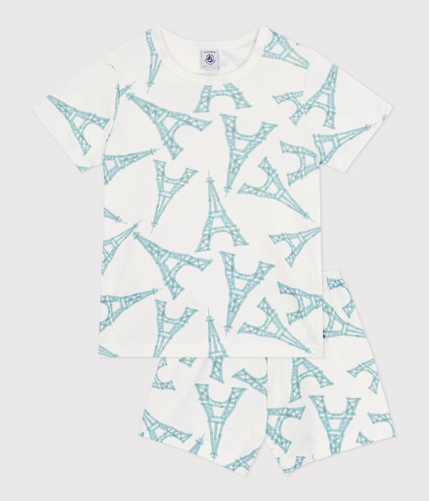 Pijama infantil corto de algod&oacute;n con estampado de torre Eiffel blanco/multicolor