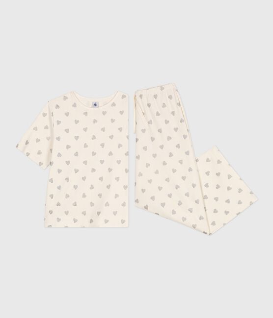 Pijama de algodón de manga corta y pernera ancha con estampado de corazones para mujer crudo MILK/ ARGENT