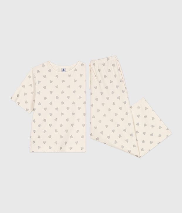 Pijama de mujer de algod&oacute;n con estampado de corazones, manga corta y perneras anchas crudo/gris