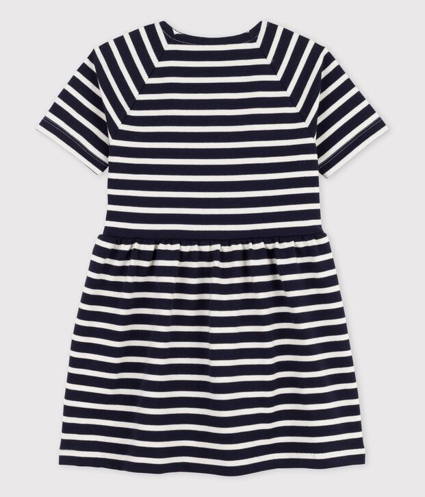 Vestido de manga corta de algod&oacute;n de ni&ntilde;a azul/blanco