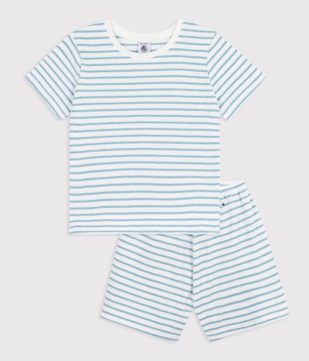 Pijama corto infantil de rizo de algod&oacute;n a rayas blanco/azul