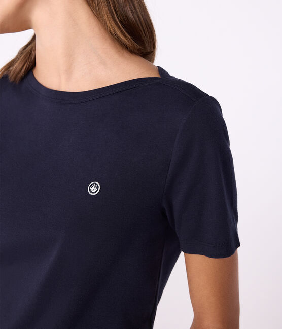 Camiseta icónica de mujer con cuello almirante de algodón  azul SMOKING