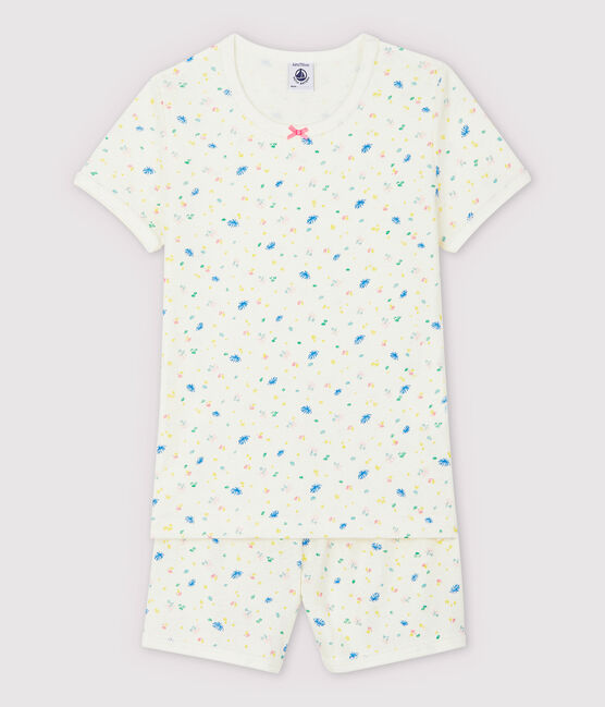Pijama corto de flores de niña de algodón y lino blanco MARSHMALLOW/blanco MULTICO