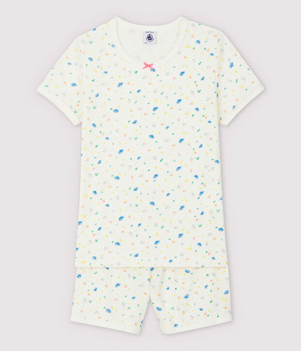 Pijama corto de flores de ni&ntilde;a de algod&oacute;n y lino blanco/multicolor