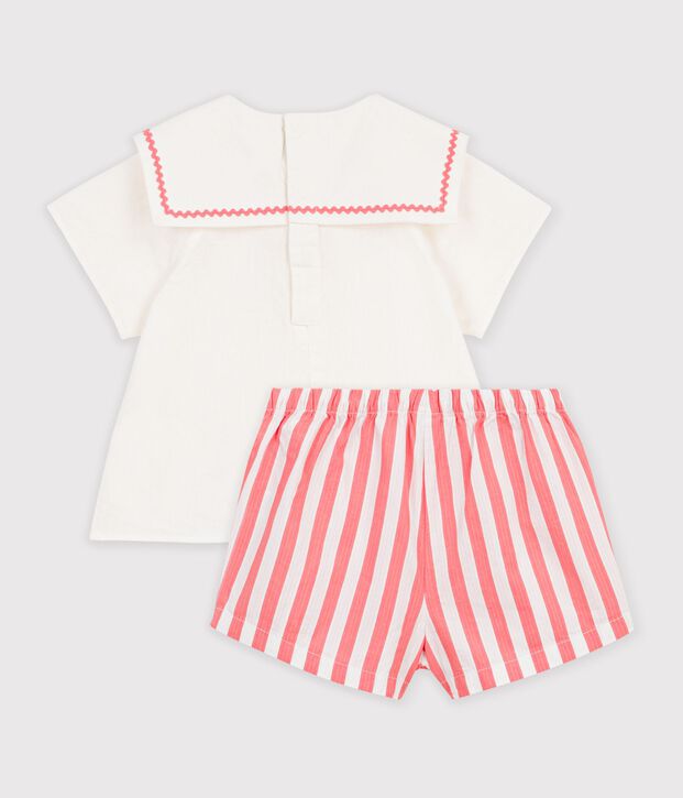 Conjunto para beb&eacute; de 2 piezas de algod&oacute;n/lino, parte superior con cuello marinero rosa/blanco